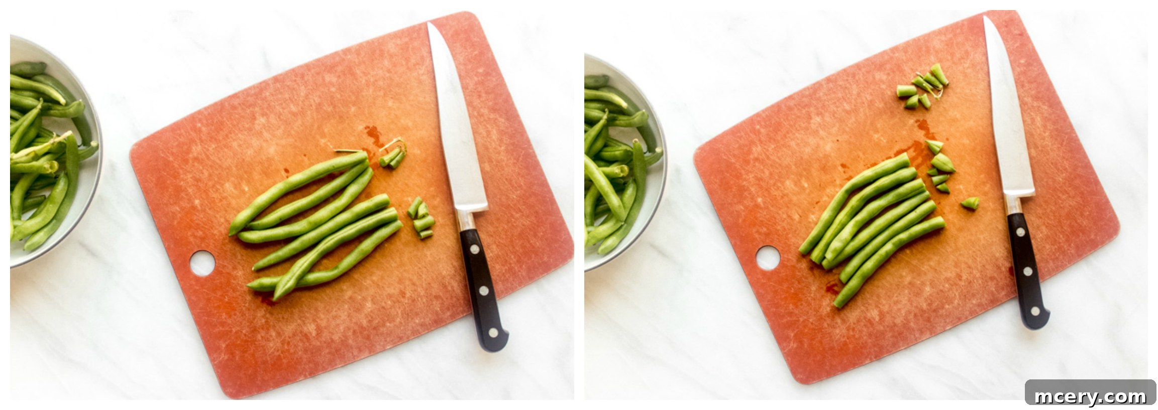 Garlic-Kissed Roasted Green Beans 4 Green beans lined up on a cutting board for trimming