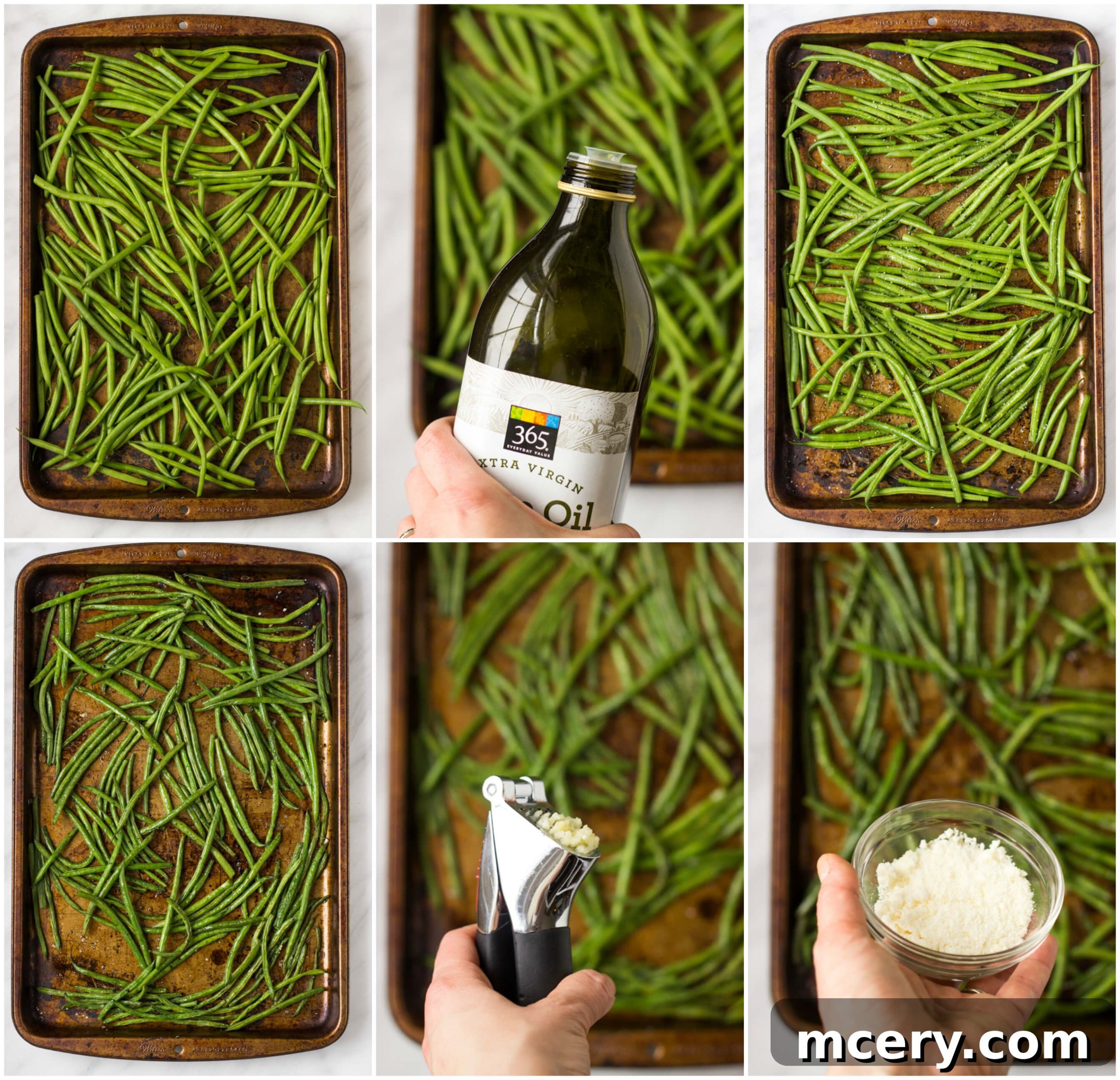 Garlic-Kissed Roasted Green Beans 5 Step-by-step photos showing how to roast green beans with garlic and Parmesan