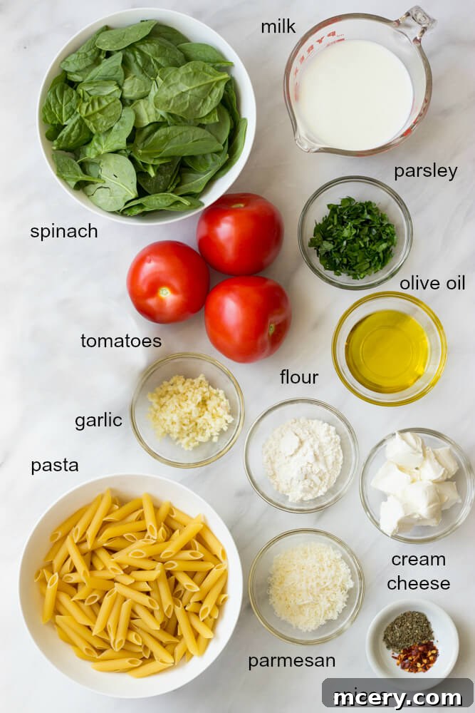 A vibrant selection of ingredients for making creamy tomato pasta with milk, including fresh tomatoes, garlic, milk, and herbs.