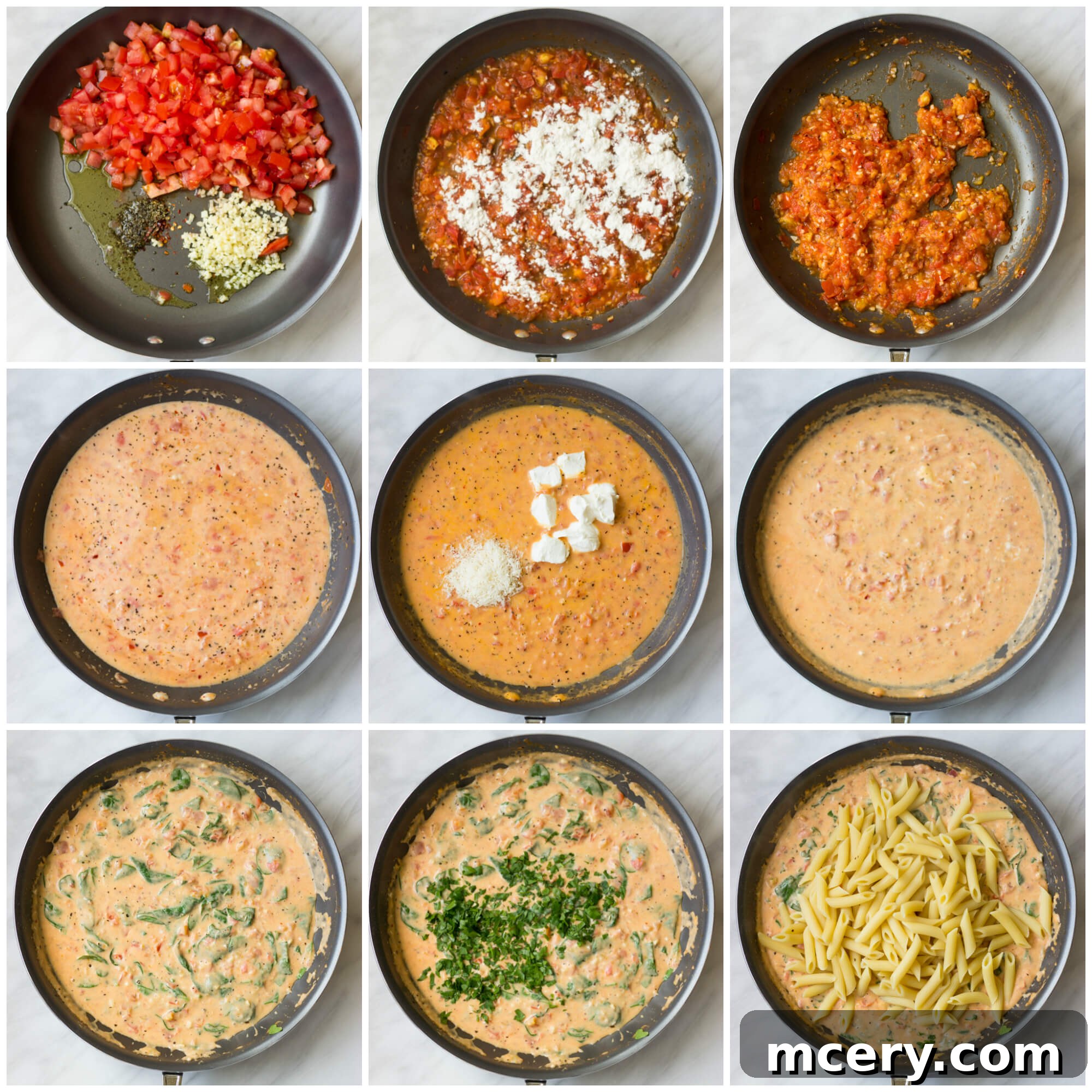 Step-by-step instructions showing how to prepare a creamy tomato pasta sauce recipe with milk and fresh ingredients.