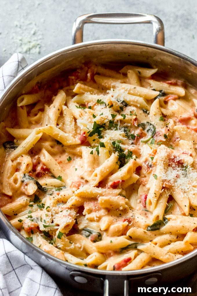 A bowl of creamy pasta with fresh tomatoes, spinach, and milk, highlighting an easy, quick, and delicious meal ready in 30 minutes.