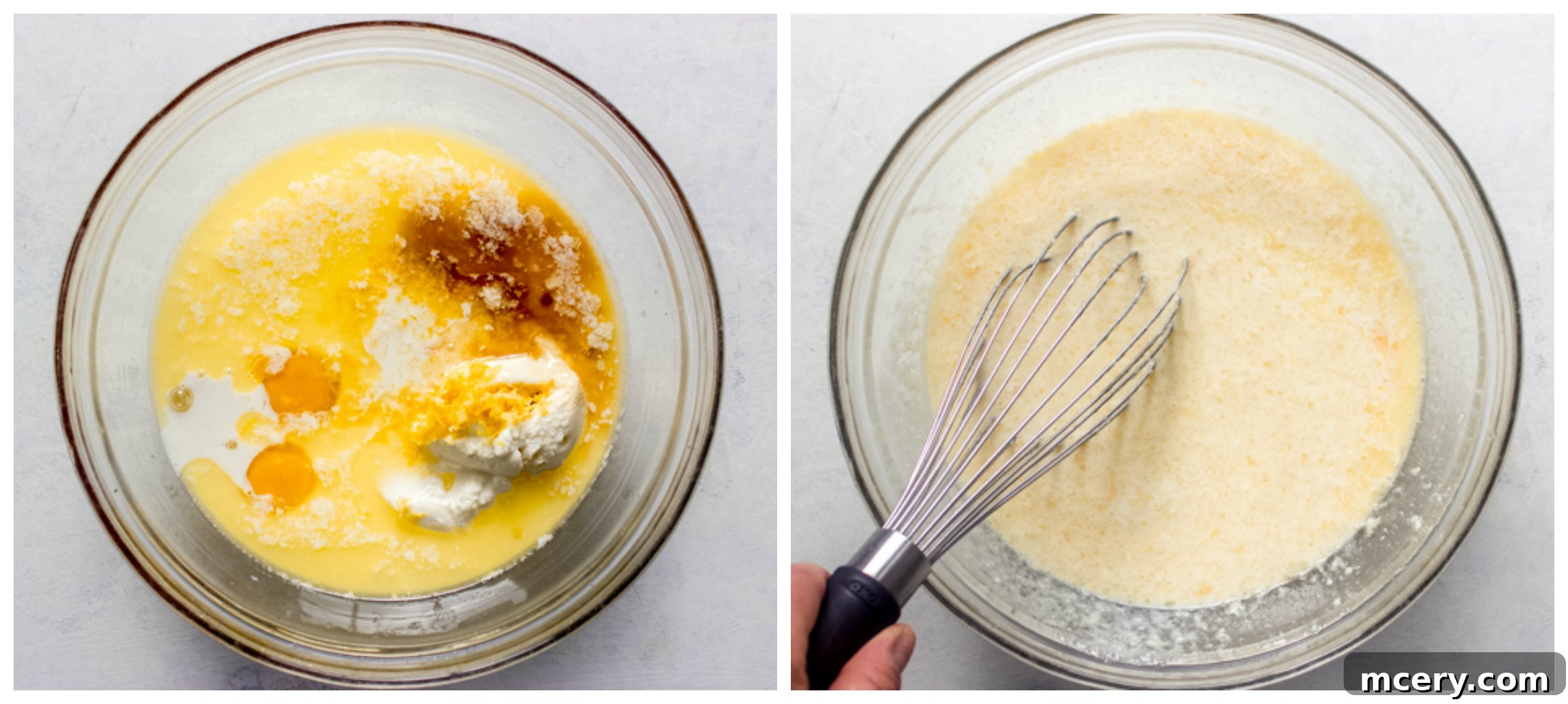 Wet ingredients for ricotta pancakes mixed in a separate bowl