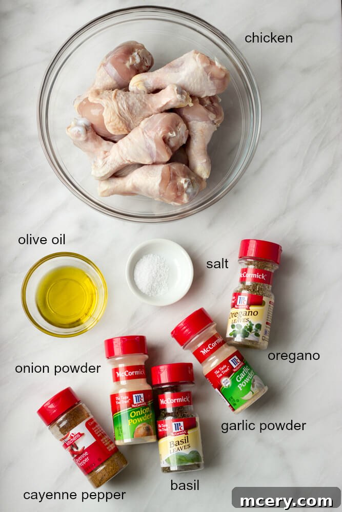 Golden Herb-Roasted Chicken 3 Ingredients laid out for herb baked chicken legs recipe