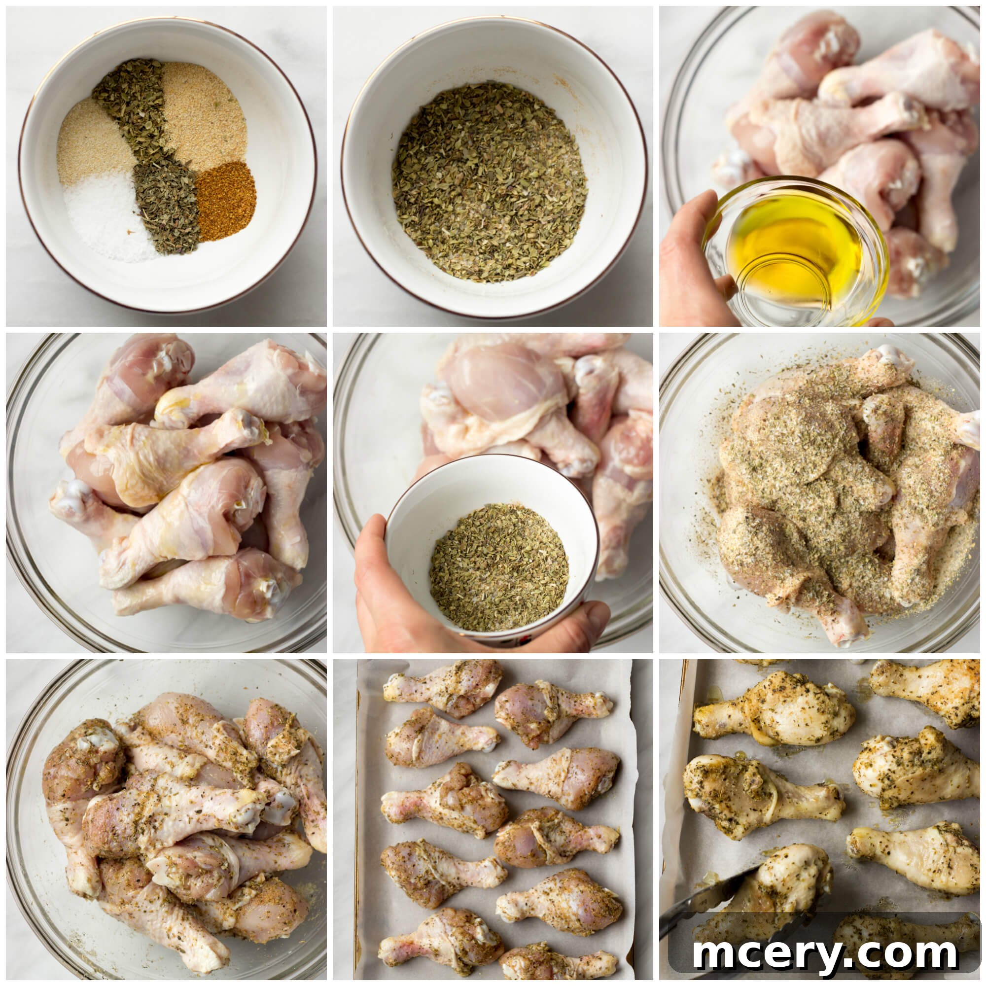Golden Herb-Roasted Chicken 4 Step-by-step visuals showing how to season and arrange herb chicken drumsticks for baking