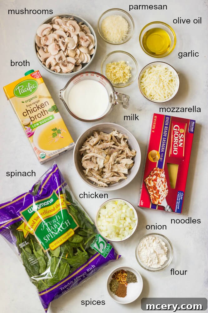 Creamy Chicken Lasagna with Spinach and Mushrooms 3 A vibrant display of fresh ingredients for Chicken Mushroom and Spinach Lasagna, including spinach, mushrooms, and cheese.