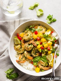 Cilantro Basil Shrimp with Mango Salsa - simple yet healthy cilantro basil shrimp served with sweet and spicy mango avocado salsa | littlebroken.com @littlebroken