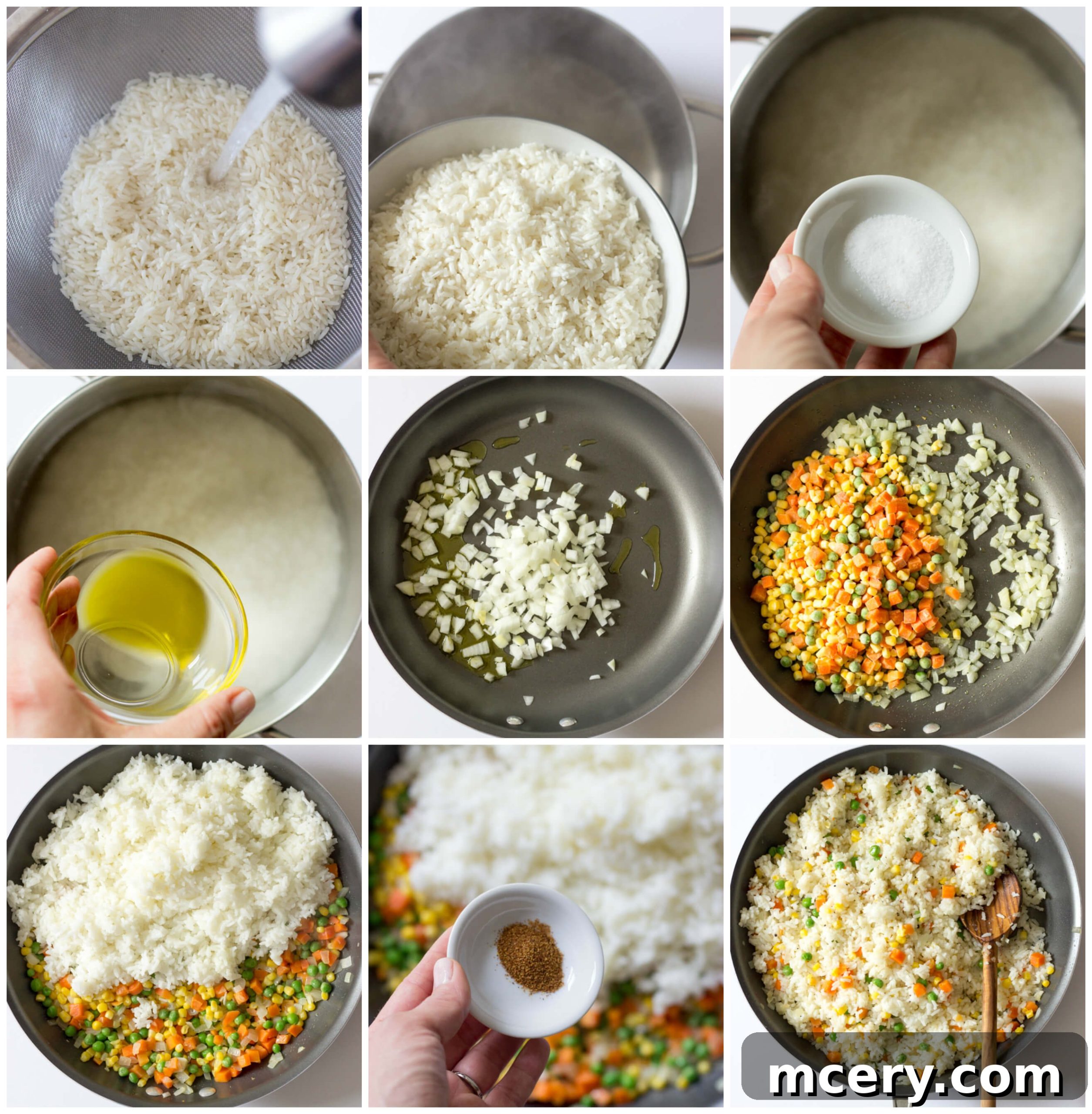 Flavorful Mexican White Rice 4 A series of three step-by-step images illustrating the process of making Mexican white rice: rinsing rice, sautéing vegetables, and combining ingredients.