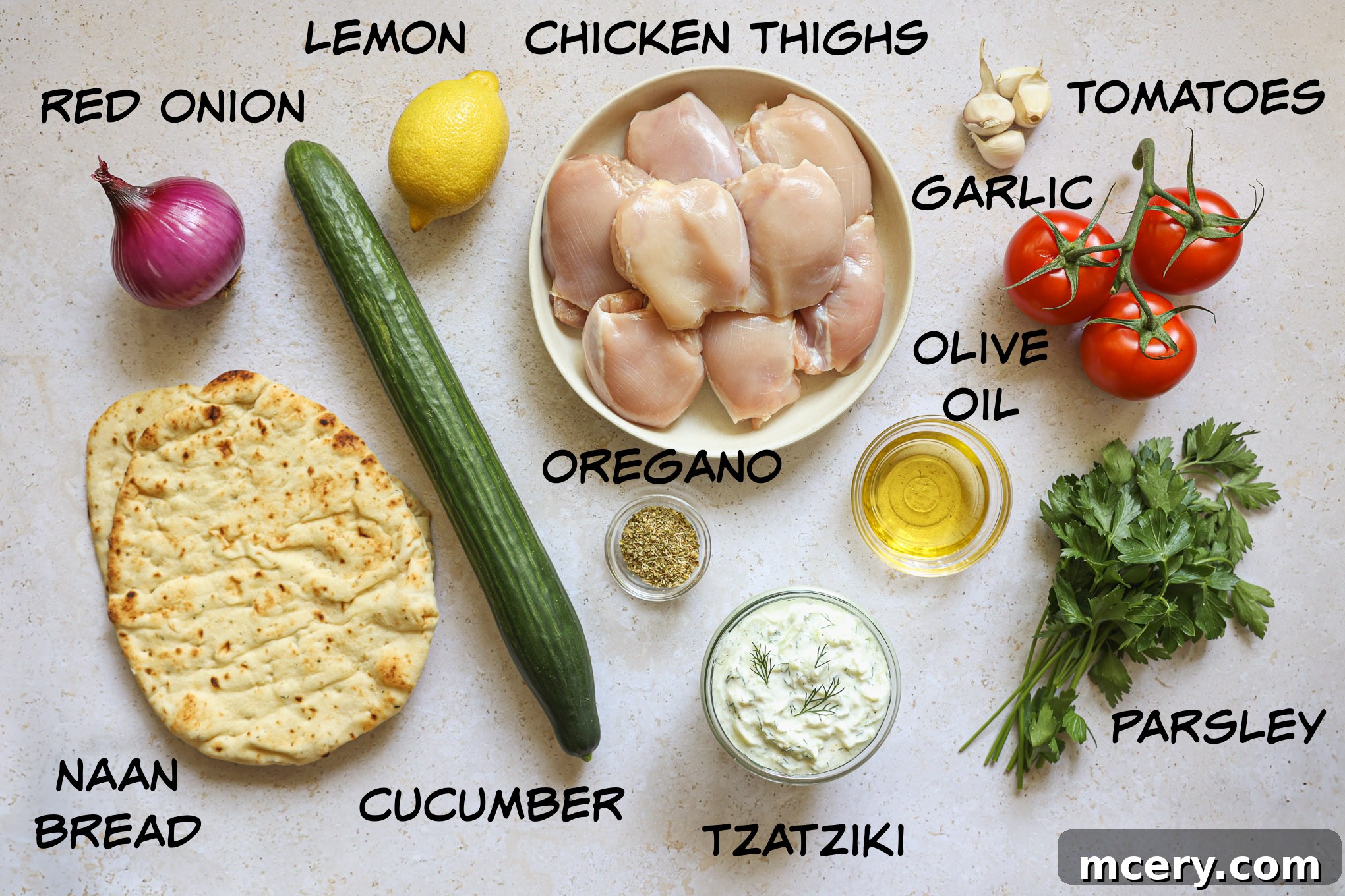 Homemade Chicken Gyro Perfection 3 A vibrant display of fresh ingredients for chicken gyros recipe including chicken, vegetables, and herbs.