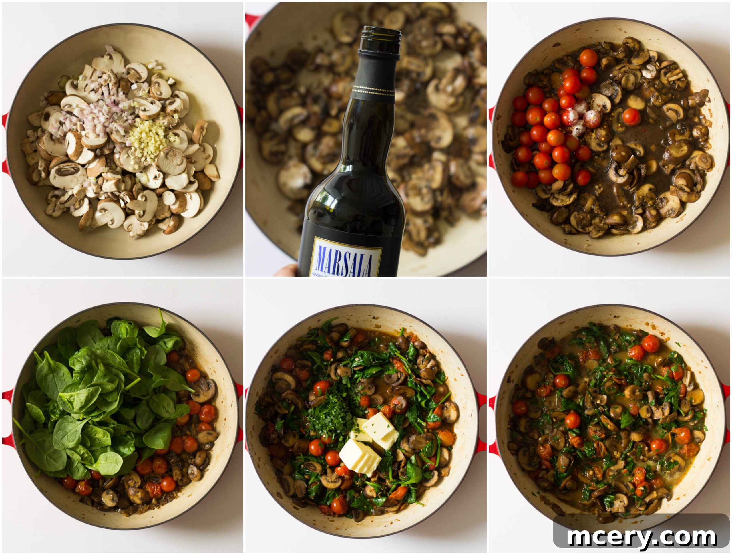 A wide shot of the cooked veggie Marsala in a skillet, ready to be served.