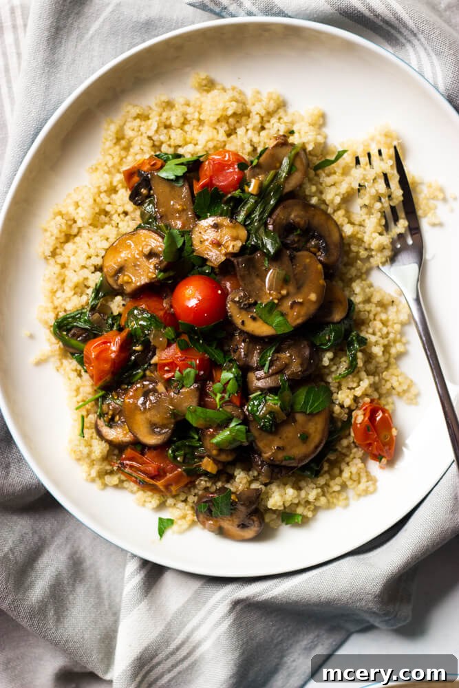 Creamy Mushroom Marsala 6 A beautifully composed shot of veggie marsala, plated with a side and garnished, ready to be enjoyed.