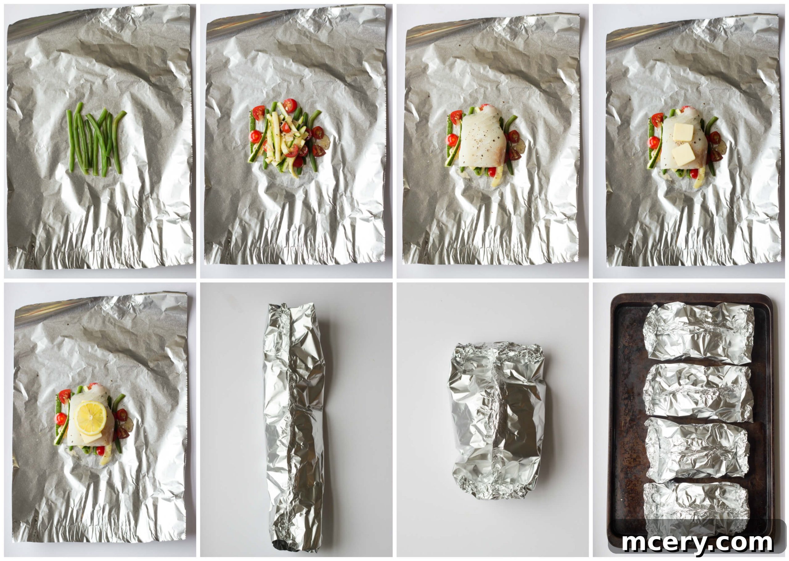 Flavorful Foil-Wrapped Fish 5 Fish and vegetables assembled in a foil packet, ready for baking