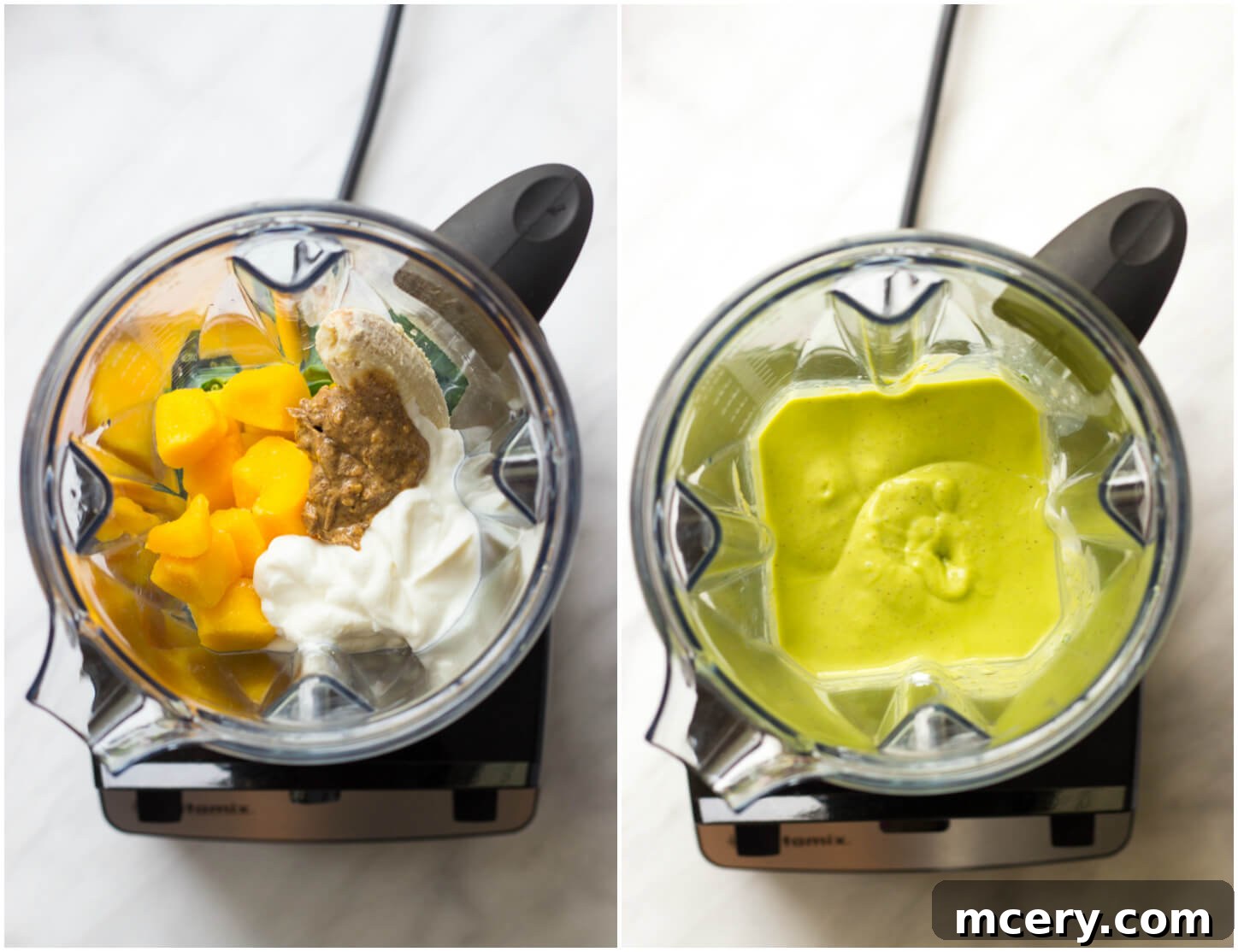 A high-speed blender actively blending a vibrant green power smoothie, showcasing the creamy texture in motion.