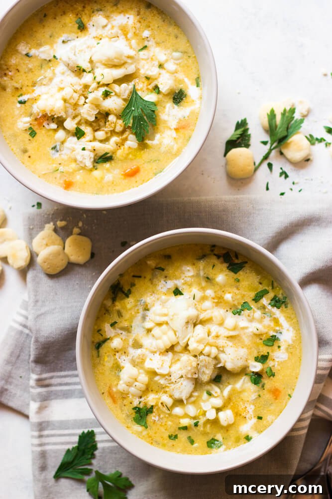 Sweet Corn and Crab Chowder 2 Delicious Crab and Corn Chowder in a bowl, garnished with fresh herbs
