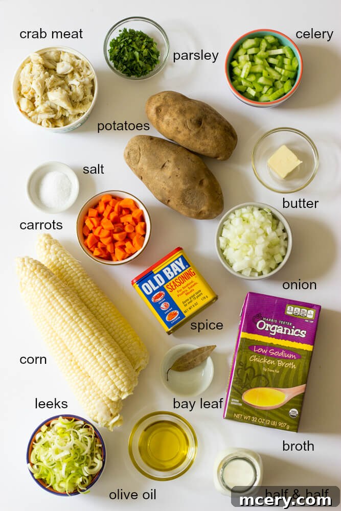 Sweet Corn and Crab Chowder 3 Fresh ingredients laid out for making crab chowder