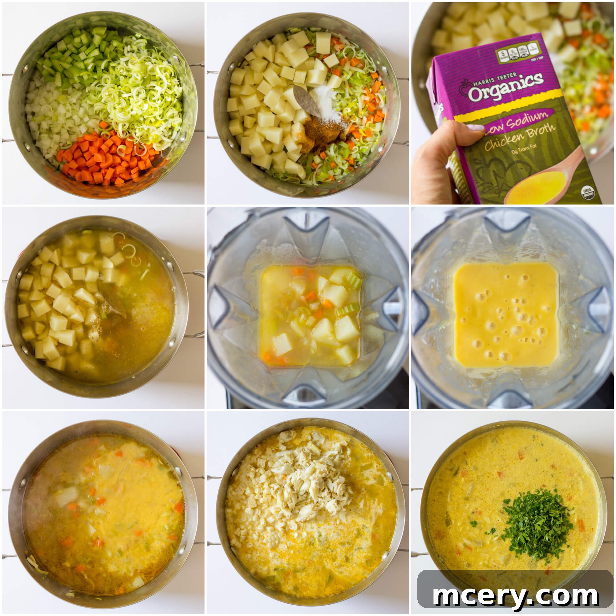 Sweet Corn and Crab Chowder 4 Instructions on how to make crab corn chowder visually demonstrated