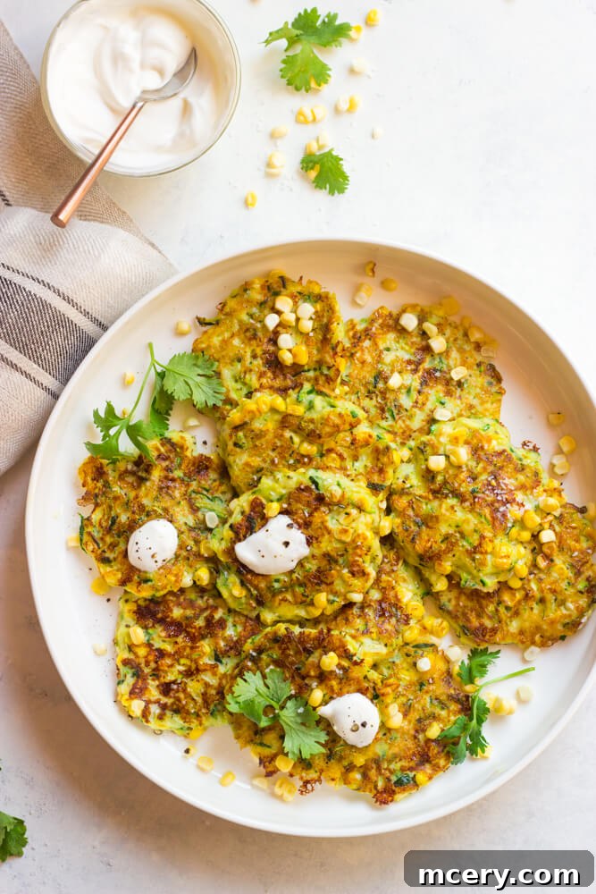 Golden Zucchini Corn Cakes 2 Overhead view of zucchini and corn fritters in white platter