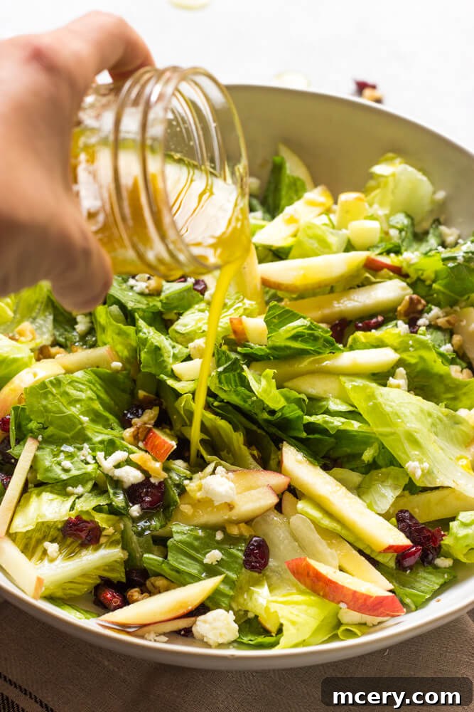 Harvest Cranberry Walnut Salad 8 A vibrant apple salad with crisp romaine lettuce and homemade apple cider vinaigrette, served in a stylish bowl.