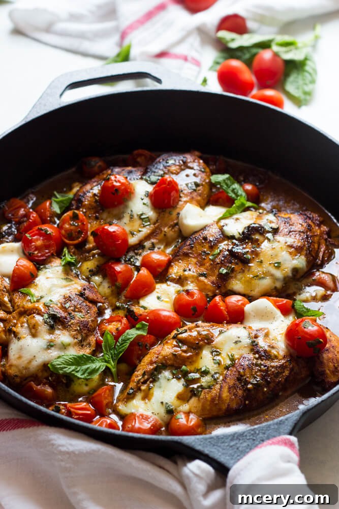 Close-up of One-Pan Balsamic Chicken, featuring seared chicken breast, rich balsamic sauce, fresh tomatoes, mozzarella, and basil, ready to be baked in a cast-iron skillet. | littlebroken.com @littlebroken