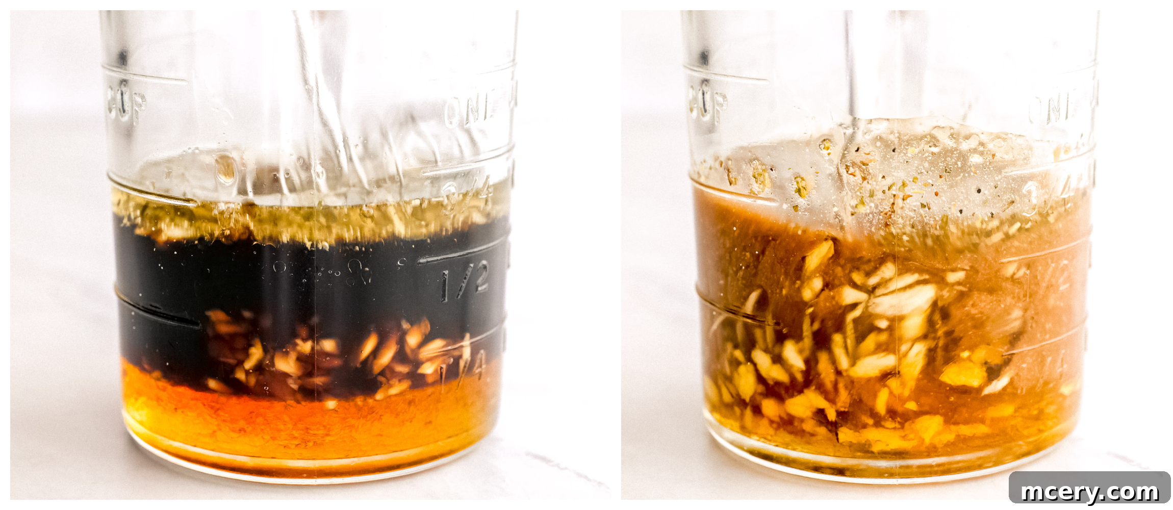A measuring cup filled with a homemade balsamic sauce, the perfect tangy-sweet glaze for one-pan balsamic chicken.