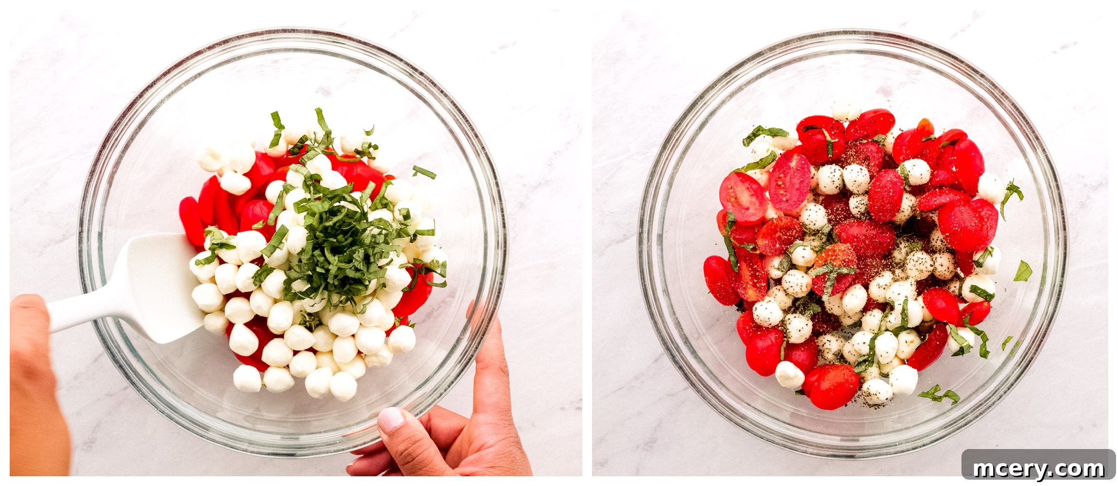 Freshly halved grape tomatoes, small mozzarella balls (ciliegine), and chopped fresh basil in a bowl, ready to top the balsamic chicken.