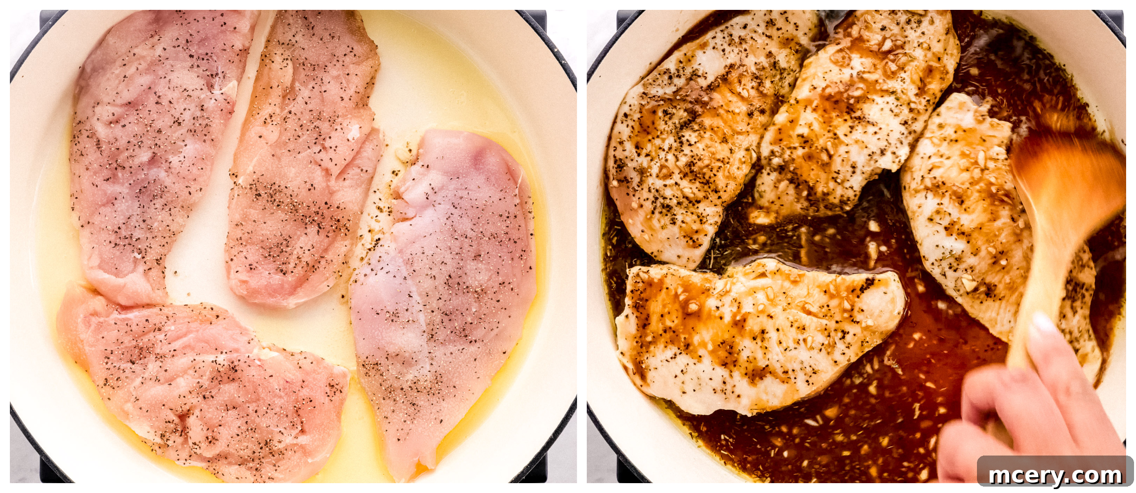 Chicken breasts searing in a hot skillet, developing a golden-brown crust before the balsamic sauce is added.