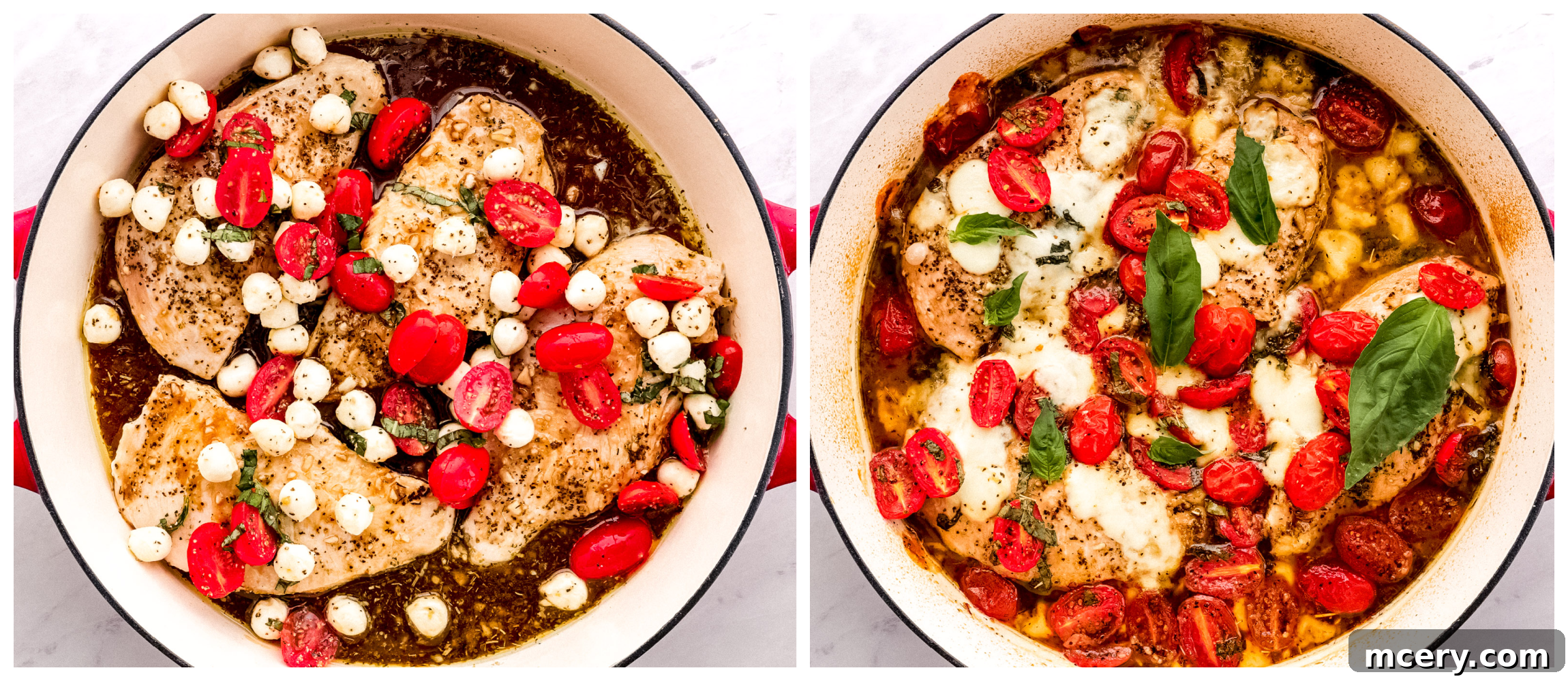 Chicken in a skillet, coated in balsamic sauce and topped with fresh tomatoes and mozzarella, ready for the oven to finish cooking.