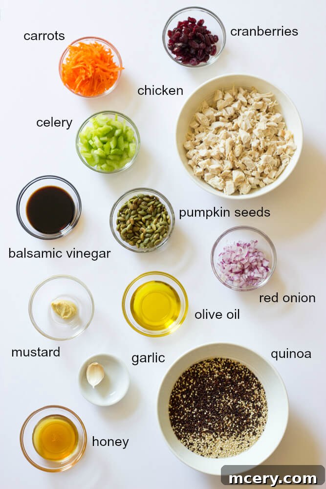 Mediterranean Chicken Quinoa Medley 3 fresh ingredients for quinoa salad with chicken, including quinoa, chicken, vegetables, and dressing components.