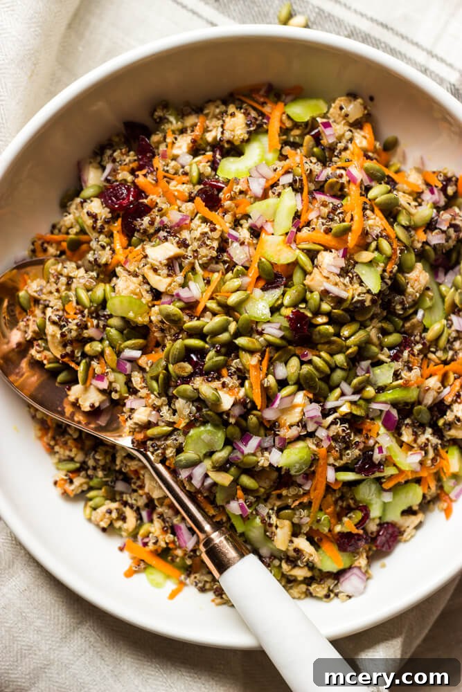 Mediterranean Chicken Quinoa Medley 10 quinoa salad recipe with sunflower seeds and pumpkin seeds in a bowl with a side spoon.