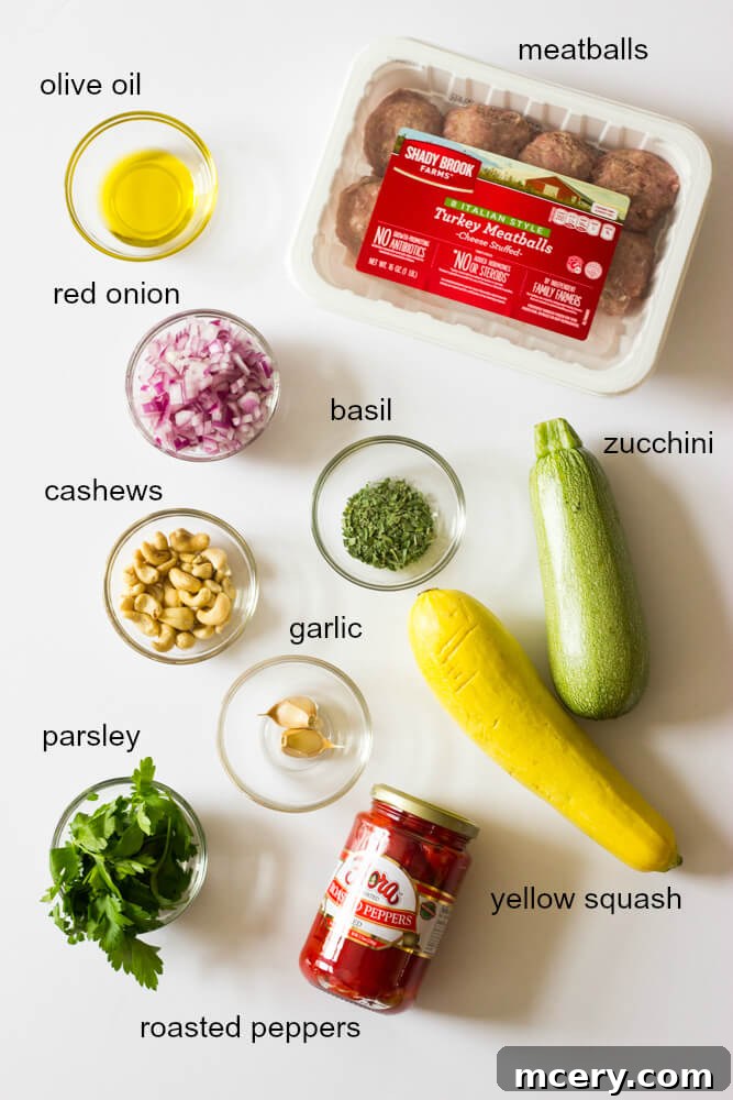 Hearty Turkey Meatballs in Rich Sauce 3 Healthy Baked Turkey Meatballs with a smooth, cashew-based roasted pepper sauce and fresh vegetables.