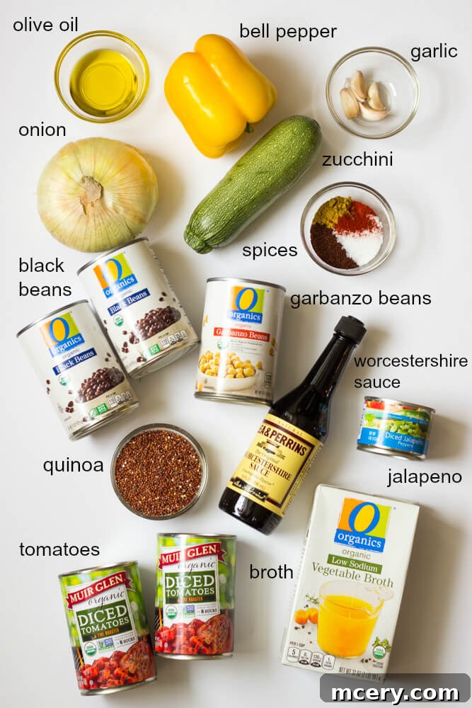 Hearty Black Bean Quinoa Chili 3 ingredients for quinoa and black bean chili