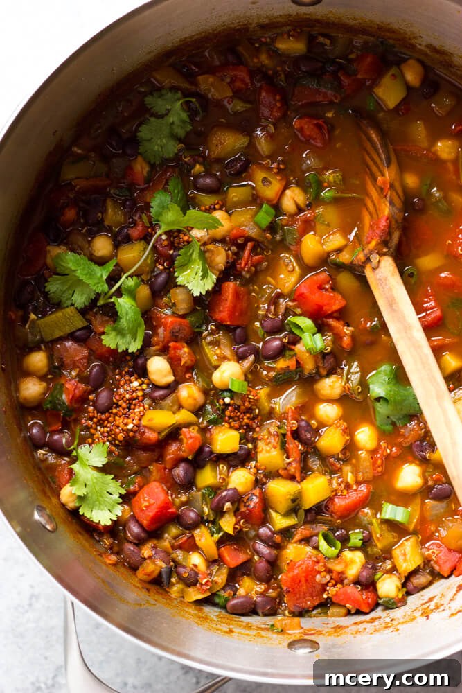 Hearty Black Bean Quinoa Chili 5 close up vegetarian black bean chili in pot