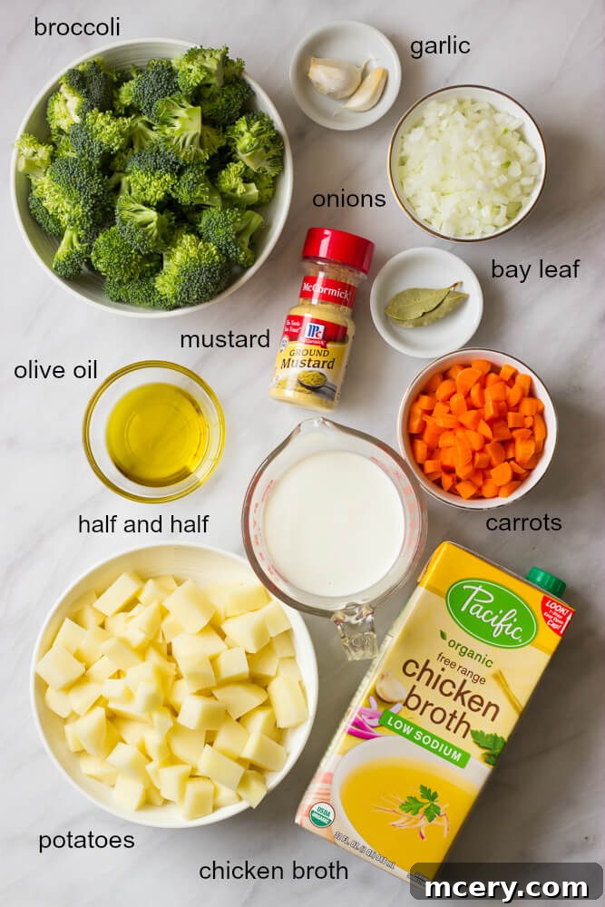 Comforting Potato Broccoli Blend 3 Ingredients laid out for making broccoli potato soup
