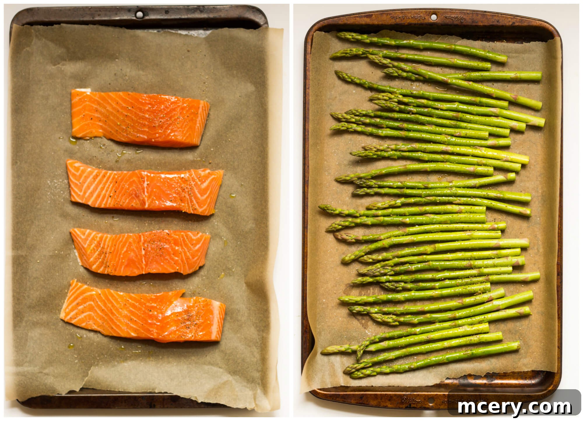 Baked Balsamic Salmon with Asparagus on a tray, ready to be cooked.