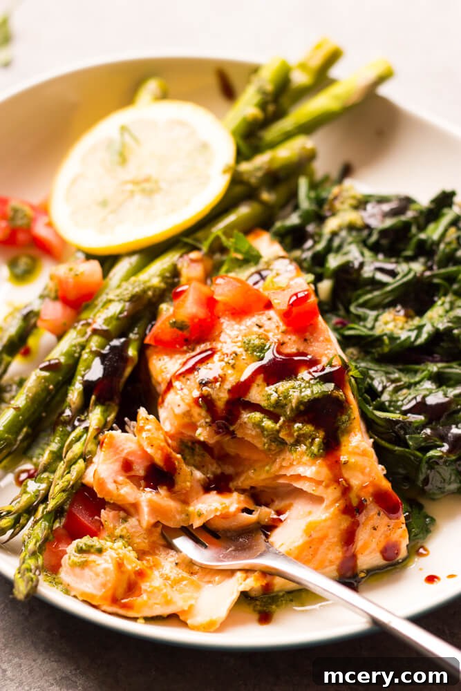 Another perspective of the finished Baked Balsamic Salmon dish.