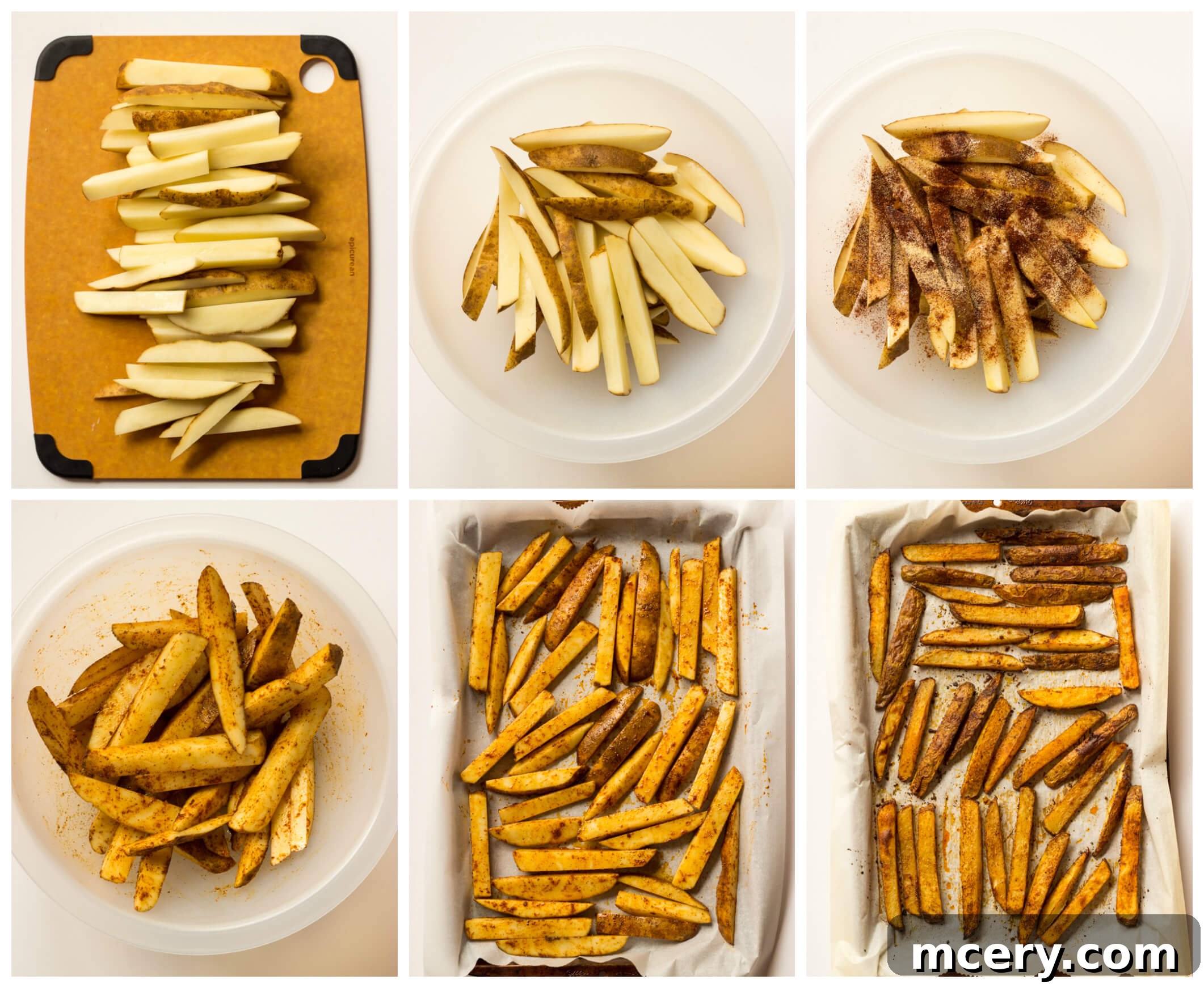 Golden Baked Fries with Zesty Avocado Dip 4 Baked Potato Fries served on a wooden board with avocado dip in a small bowl