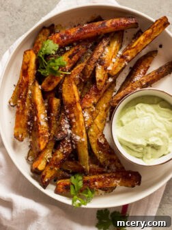 Baked Potato Fries with Avocado Dip - hot savory seasoned fries with refreshing cilantro lime and avocado dip | littlebroken.com @littlebroken