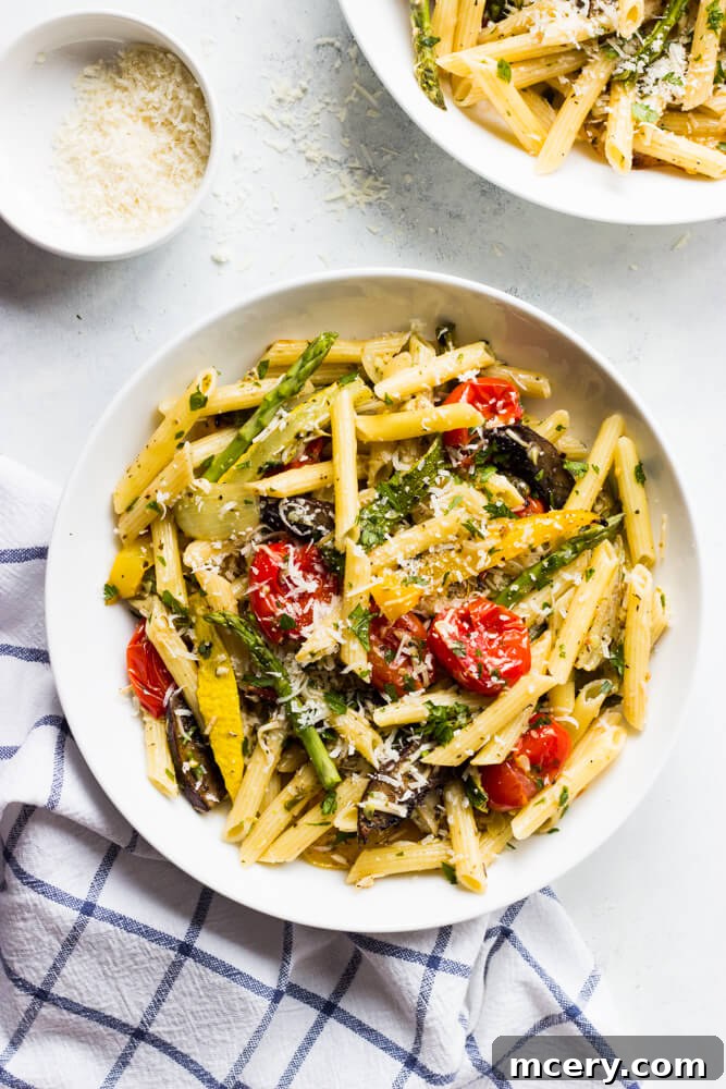 Rustic Roasted Vegetable Pasta 2 Roasted vegetables tossed with hot pasta and a rich tomato herb sauce, ready for an easy weeknight meatless meal – a delicious Pasta Primavera.