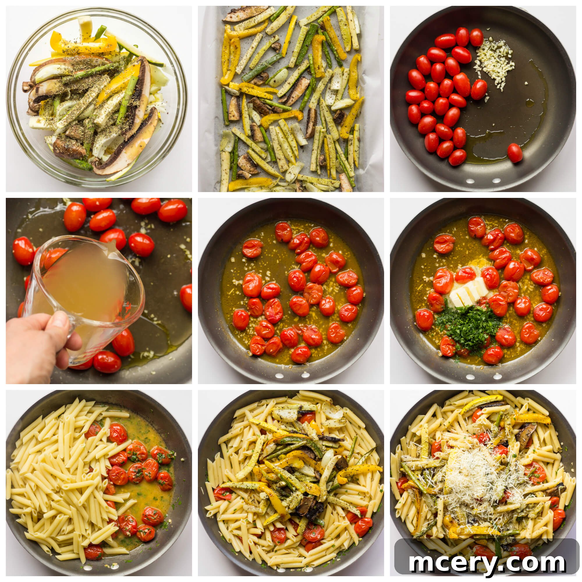 Rustic Roasted Vegetable Pasta 4 A vibrant bowl of Pasta Primavera with roasted vegetables, coated in a luscious tomato herb butter sauce, ready to be served for a delightful meatless meal.