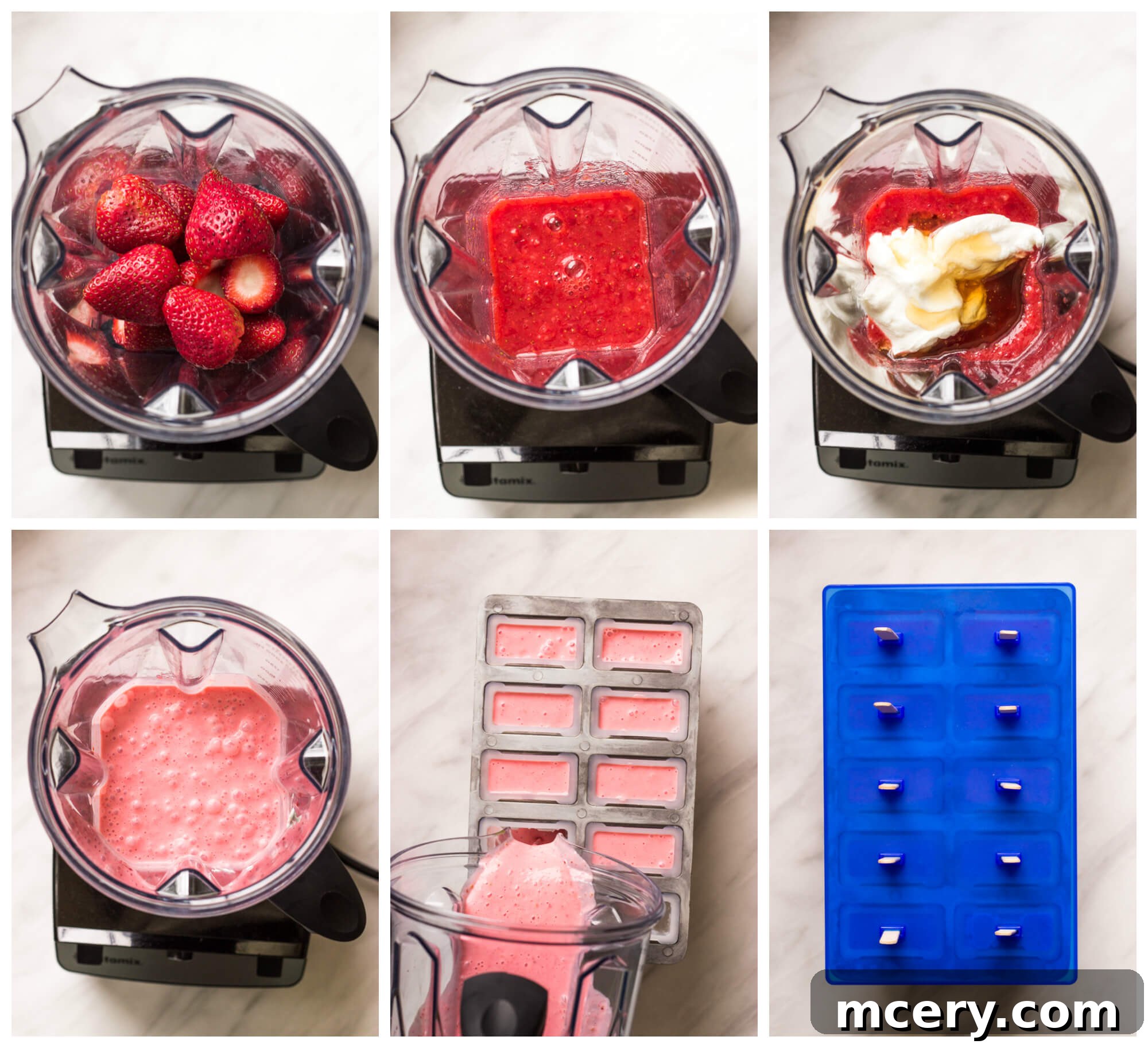 Strawberry Yogurt Sunshine Pops 5 Step-by-step photos of making strawberry yogurt popsicles