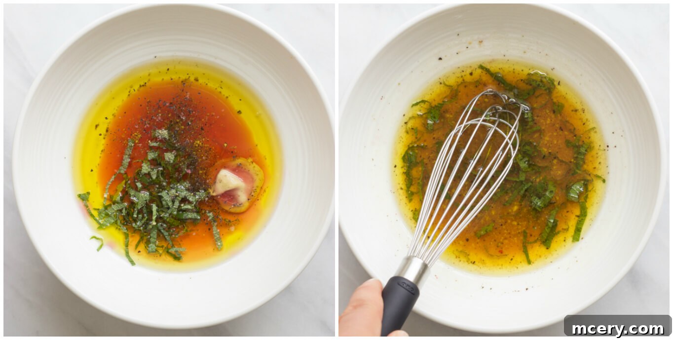 Vibrant Greek Corn Salad 4 Step-by-step image of whisking the Greek Corn Salad dressing in a small bowl. | littlebroken.com
