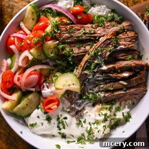 Mediterranean steak and rice bowls with garlic dill yogurt sauce for athletes