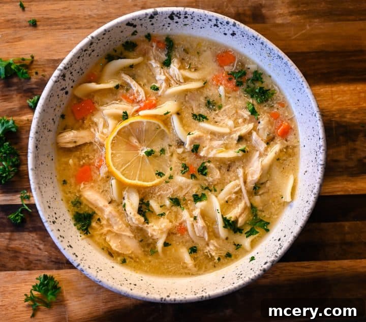 Close-up of high-protein chicken noodle soup garnished with fresh parsley