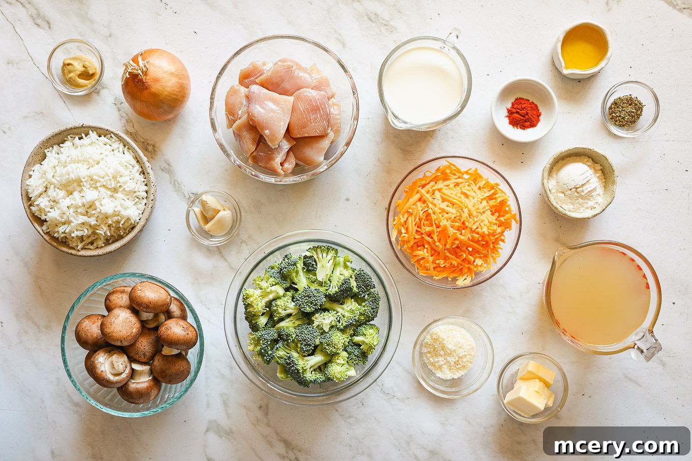 ingredients for rice casserole with chicken and broccoli.