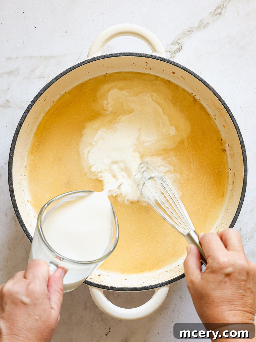 milk whisked into flour mixture.